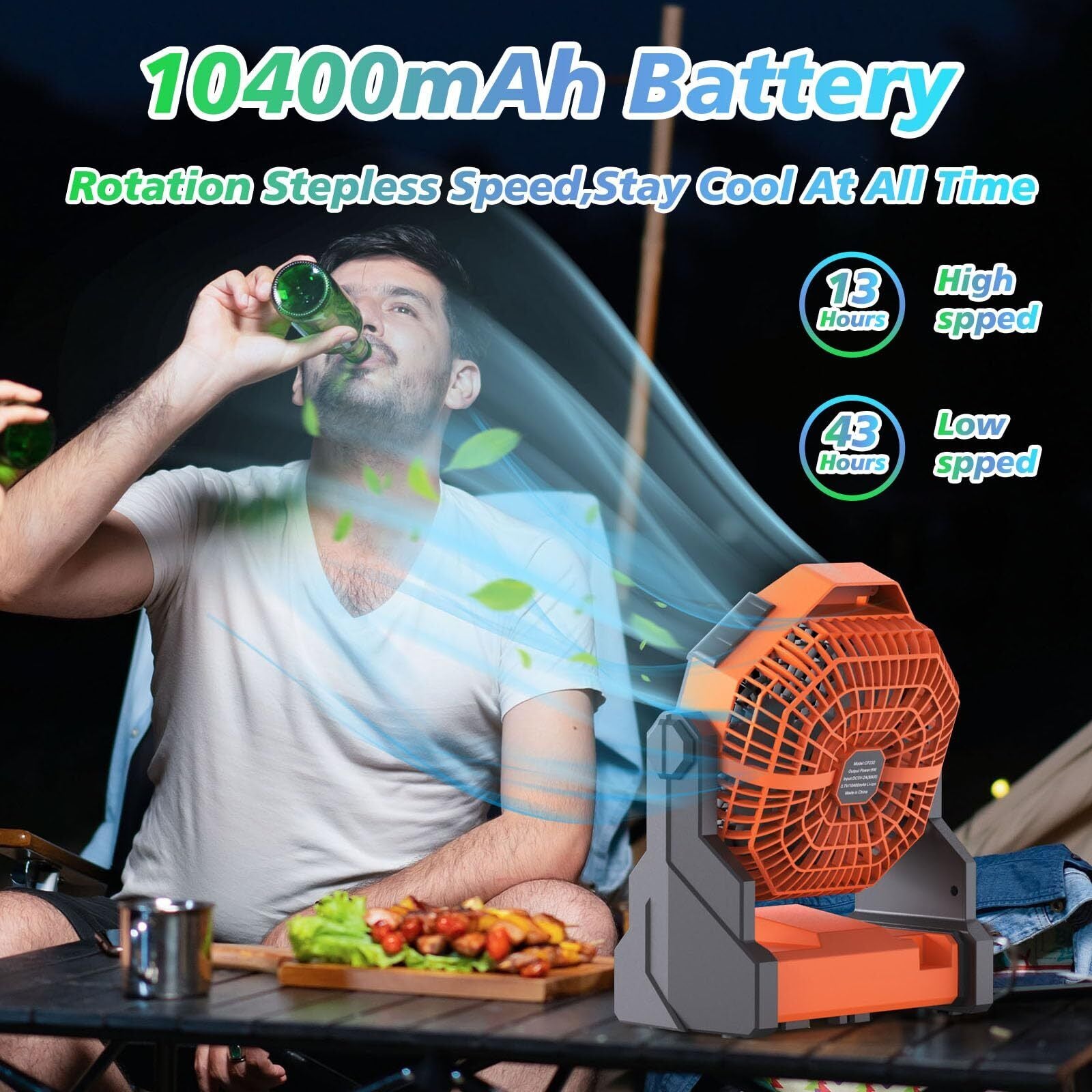 Portable Camping Fan with LED Light & Rechargeable Battery