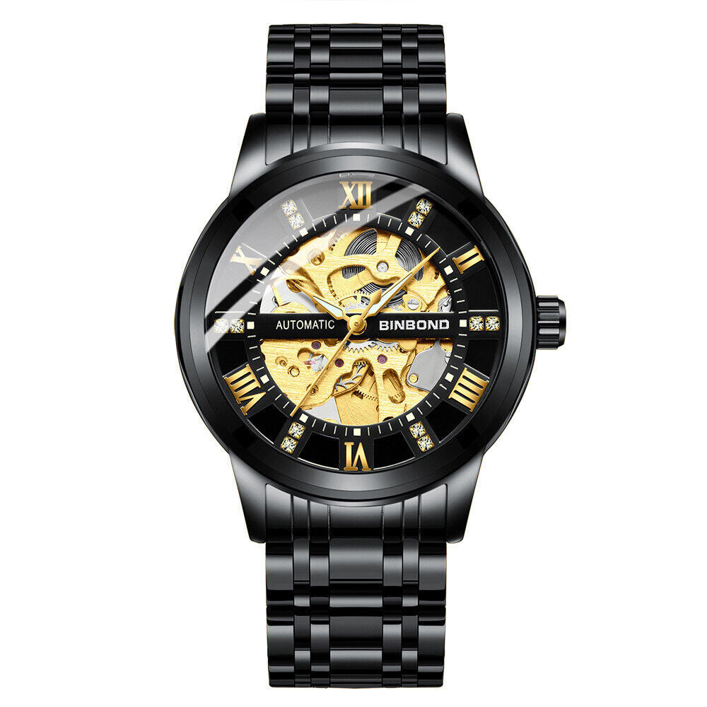 Men's Gold Tone Skeleton Mechanical Automatic Stainless Steel Watch