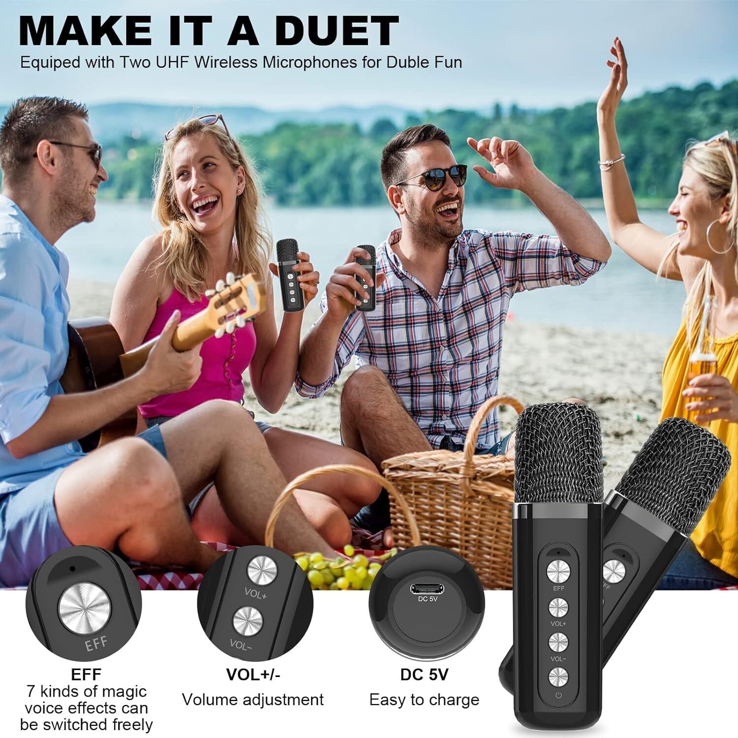 Portable Karaoke Machine with 2 Wireless Mics Bluetooth 5.1 LED Speaker