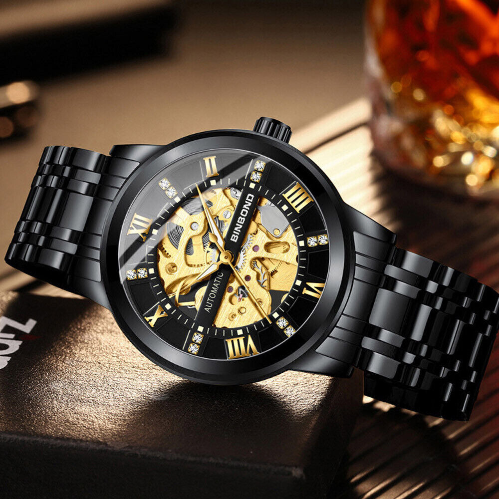 Men's Gold Tone Skeleton Mechanical Automatic Stainless Steel Watch