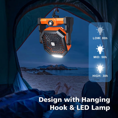 Portable Camping Fan with LED Light & Rechargeable Battery