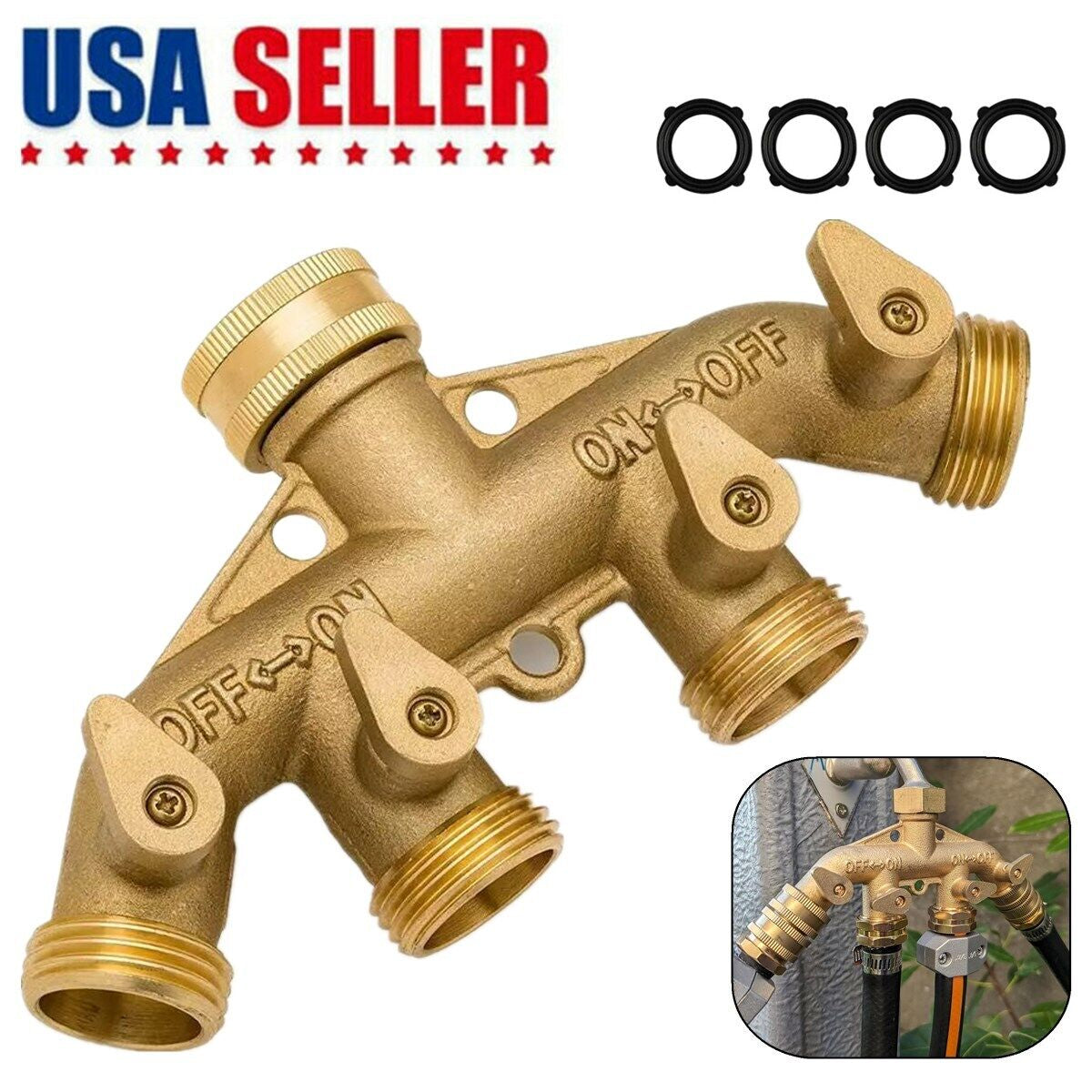 Heavy Duty Hose Splitter 4-Way Garden Shut off Valves All Brass