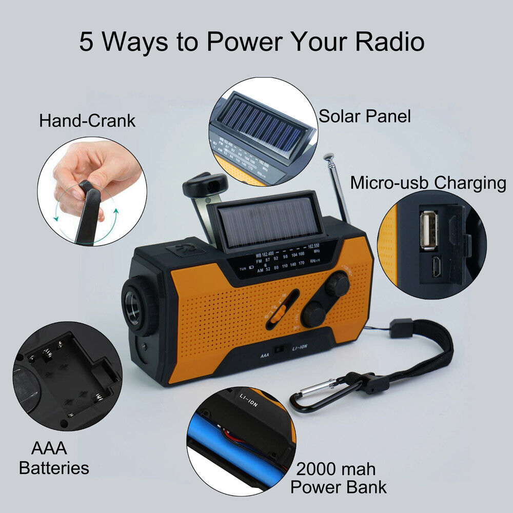 Emergency Solar Hand Crank Weather Radio 2000Mah Power Bank Charger