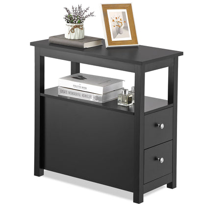 Black End Table with 2 Drawers Open Shelf Narrow Side for Living Room