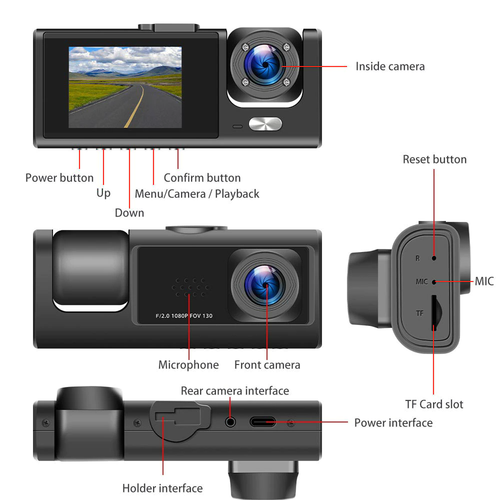 Car Dual Lens Dash Cam HD 1080P Front/Rear/Inside Video Recorder Camera G-Sensor