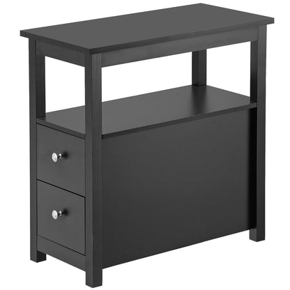 Black End Table with 2 Drawers Open Shelf Narrow Side for Living Room