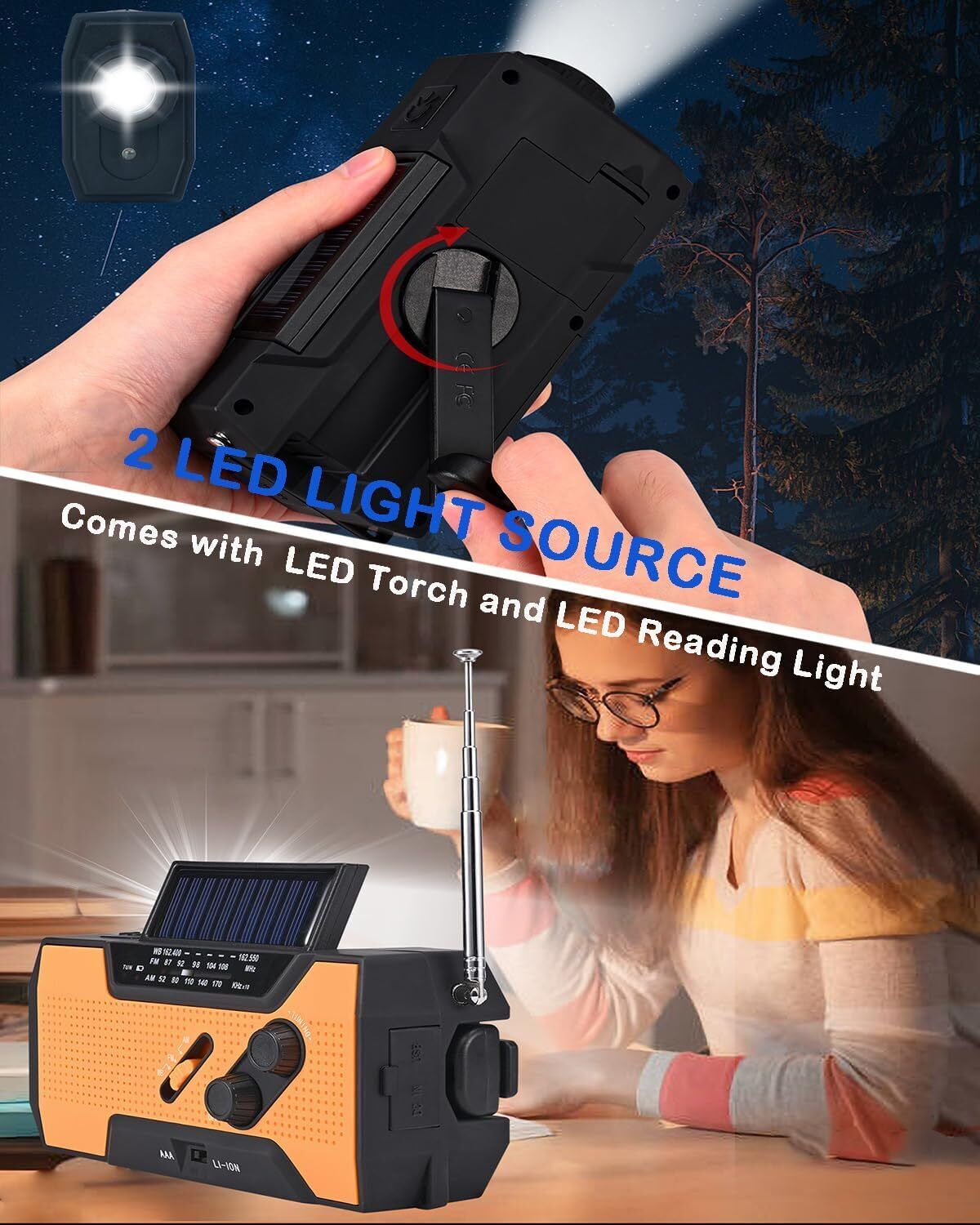 Emergency Solar Hand Crank Weather Radio 2000Mah Power Bank Charger