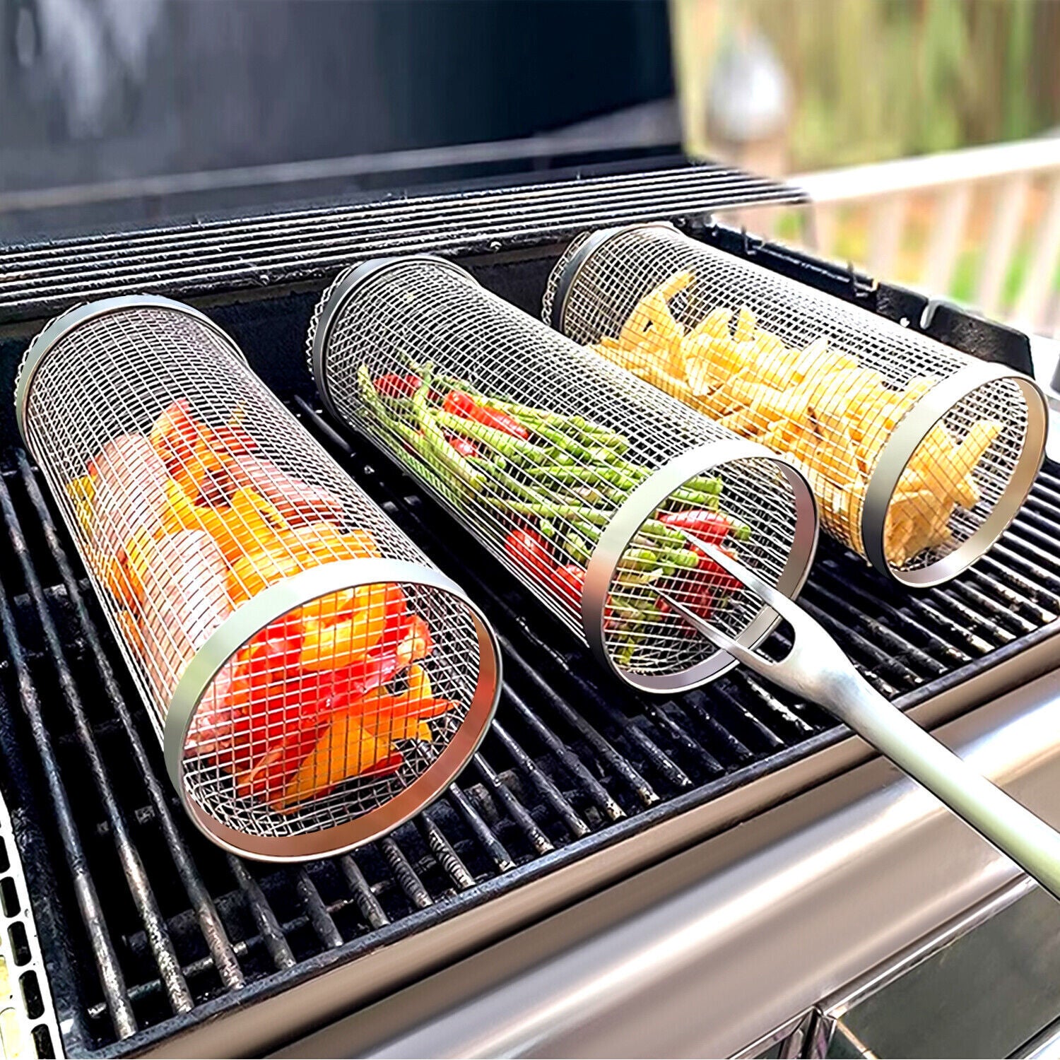 Stainless Steel Rolling Grilling Baskets for BBQ Grill - 2 Packs