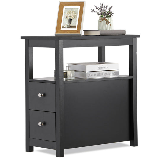 Black End Table with 2 Drawers Open Shelf Narrow Side for Living Room