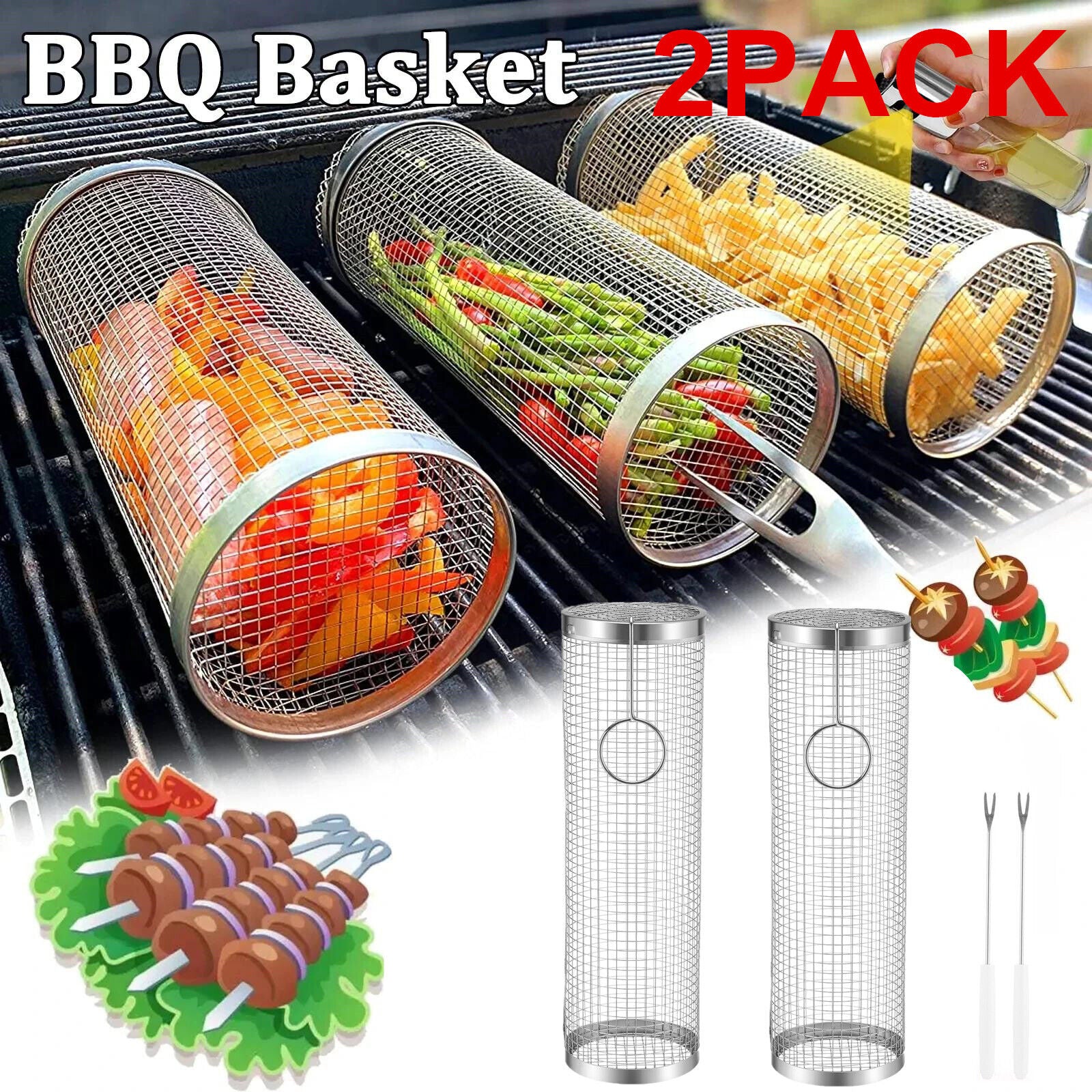 Stainless Steel Rolling Grilling Baskets for BBQ Grill - 2 Packs