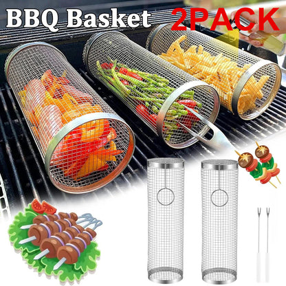 Stainless Steel Rolling Grilling Baskets for BBQ Grill - 2 Packs