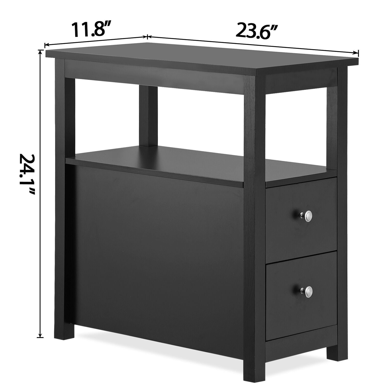 Black End Table with 2 Drawers Open Shelf Narrow Side for Living Room