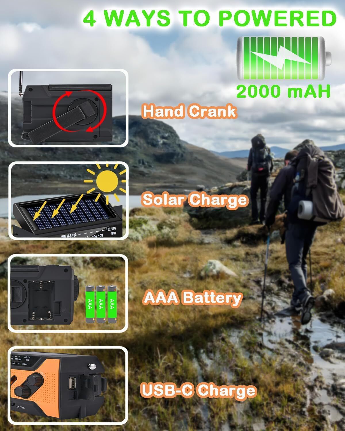 Emergency Solar Hand Crank Weather Radio 2000Mah Power Bank Charger