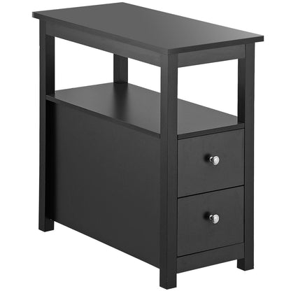 Black End Table with 2 Drawers Open Shelf Narrow Side for Living Room