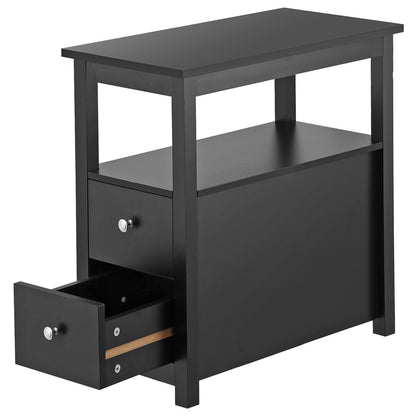 Black End Table with 2 Drawers Open Shelf Narrow Side for Living Room