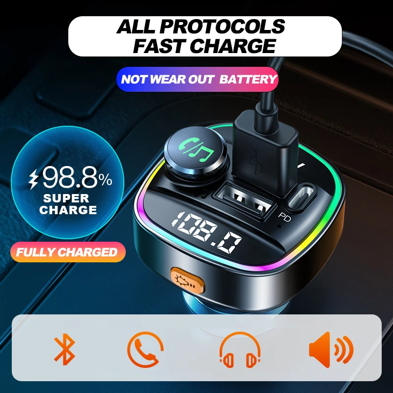 Bluetooth 5.0 Car Wireless FM Transmitter Adapter USB Charger AUX