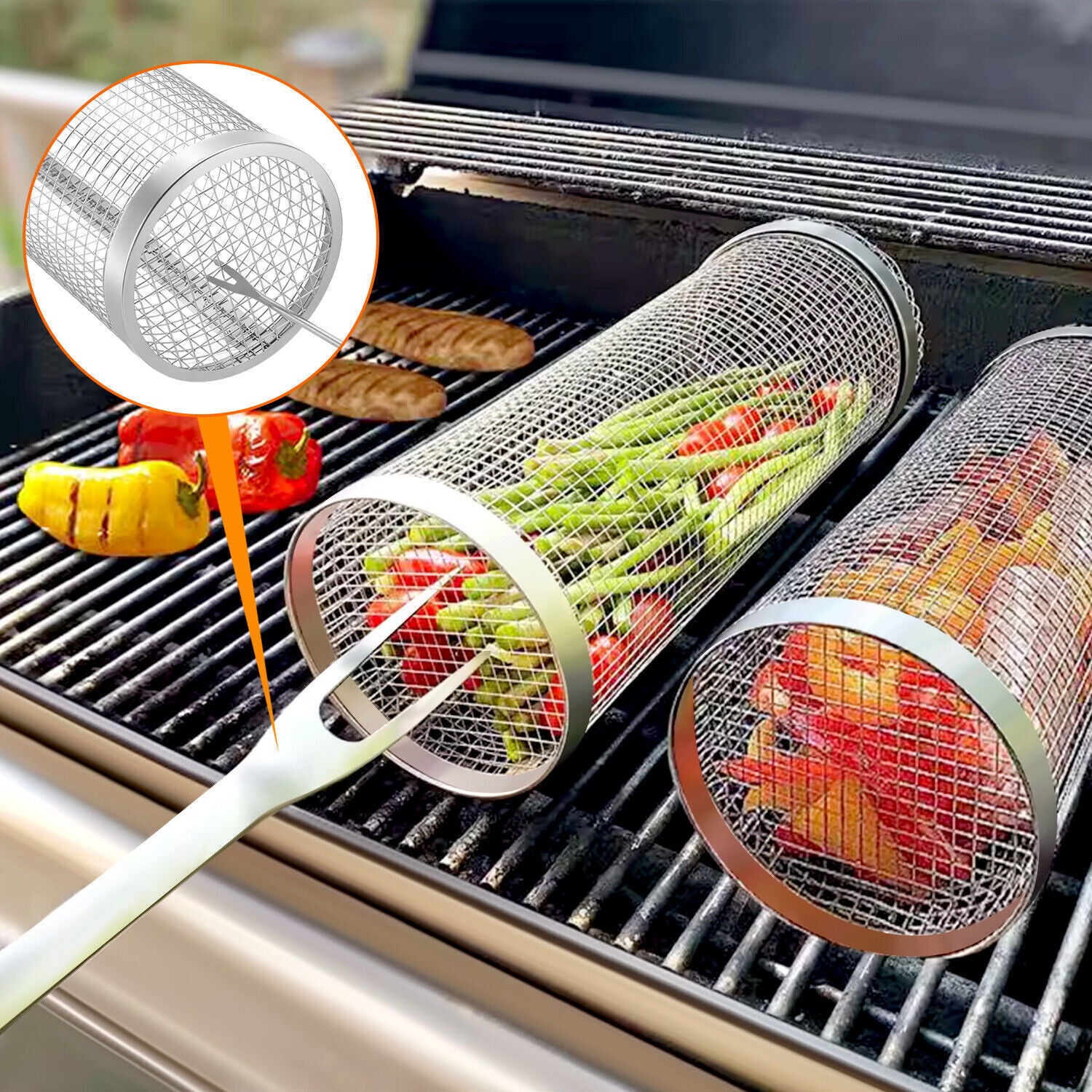 Stainless Steel Rolling Grilling Baskets for BBQ Grill - 2 Packs