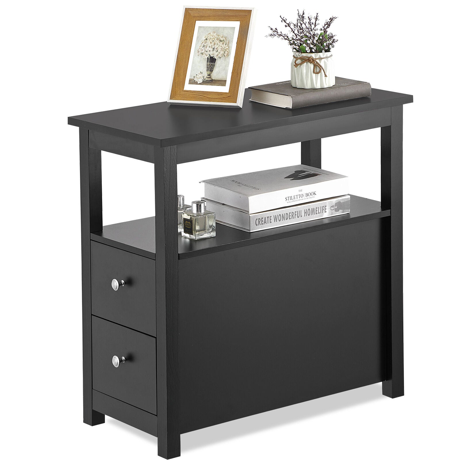 Black End Table with 2 Drawers Open Shelf Narrow Side for Living Room